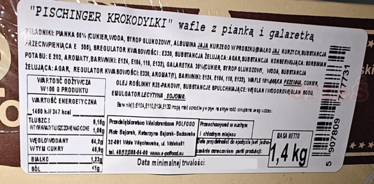 Pischinger Krokodylki owocowe - wafle z pianką i galaretką 1,4kg Polfood