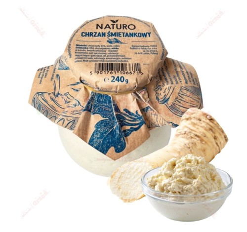 Chrzan śmietankowy 43% beczułka 240g  Naturo