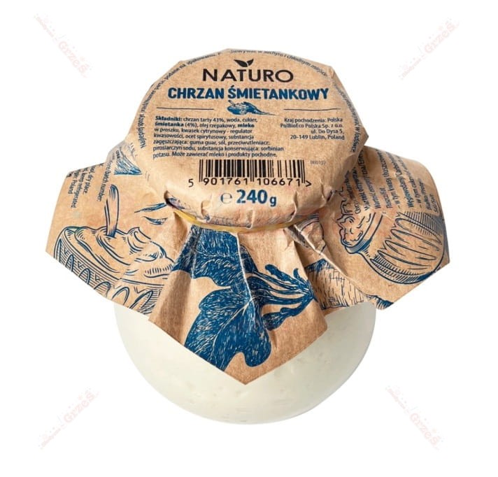 Chrzan śmietankowy 43% beczułka 240g  Naturo