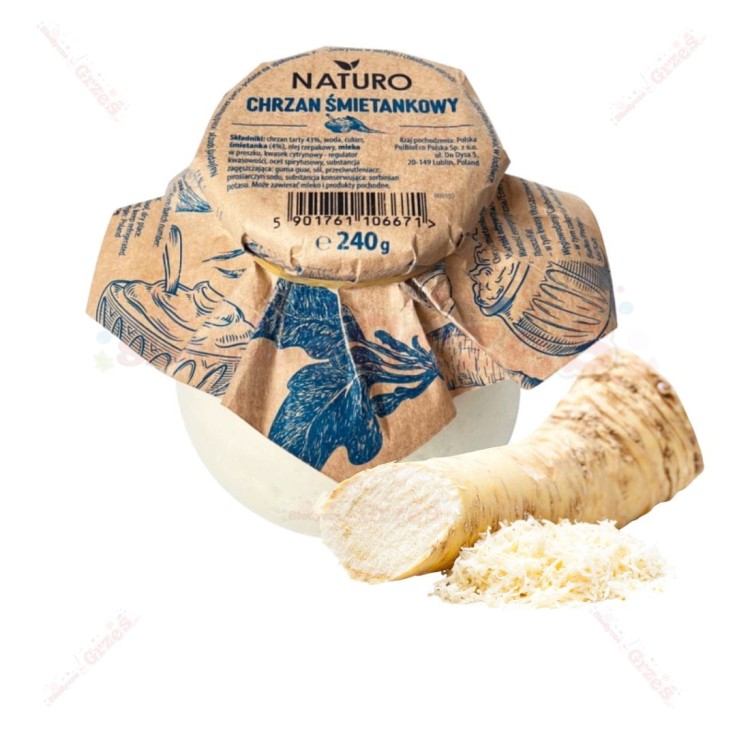 Chrzan śmietankowy 43% beczułka 240g  Naturo