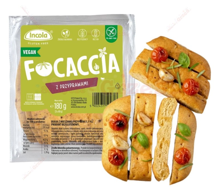 FOCCACIA bezlgutenowa - włoskie pieczywo z przyprawami VEGAN 3*60g Incola