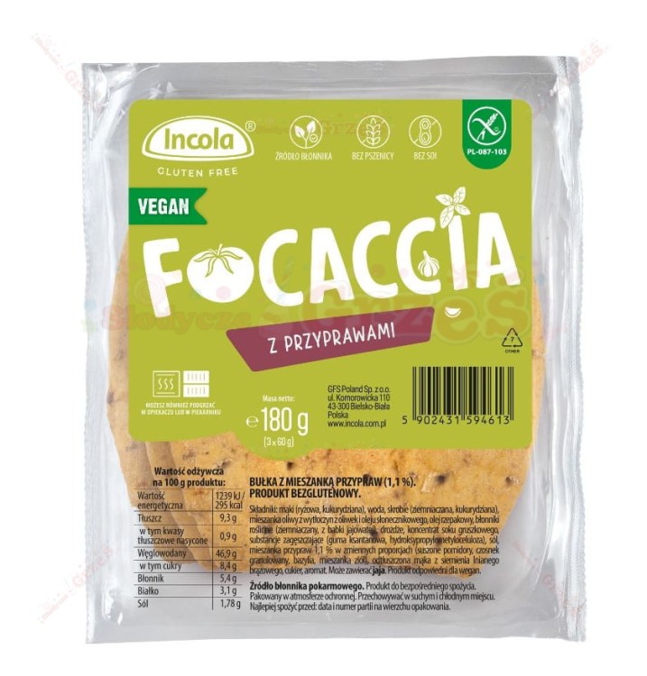 FOCCACIA bezlgutenowa - włoskie pieczywo z przyprawami VEGAN 3*60g Incola