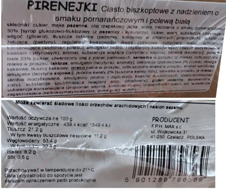 Ciastka biszkoptowe Premium PIRENEJKI pomarańczowe - biała polewa i kwiaty 1,8kg Cukiernia MAX