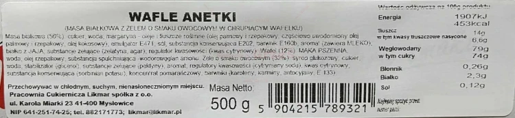 Wafle z pianką i kolorową galaretką owocową ANETKI 500g Likmar