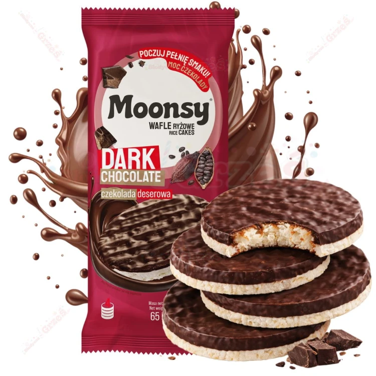 Moonsy wafle ryżowe w CZEKOLADZIE deserowej BEZGLUTENOWE 65g