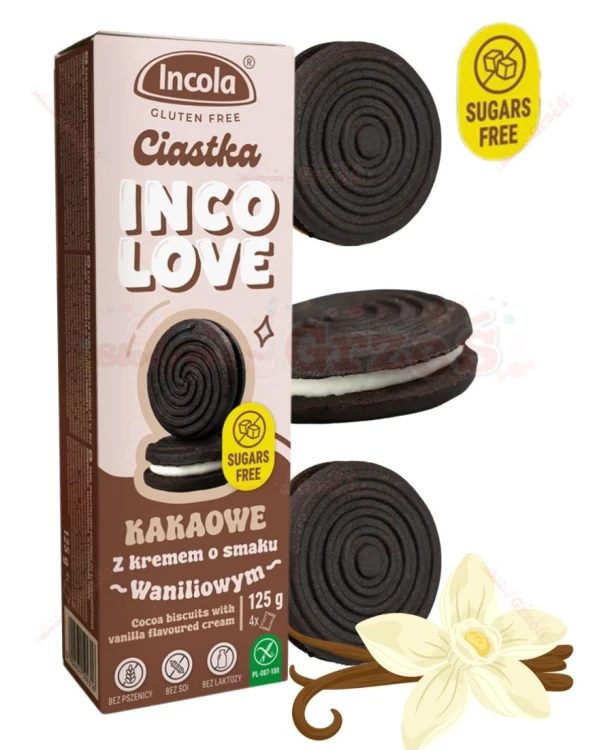 Bezglutenowe Ciastka Markizy BEZ CUKRU KAKAOWE z kremem waniliowym 125g Incola