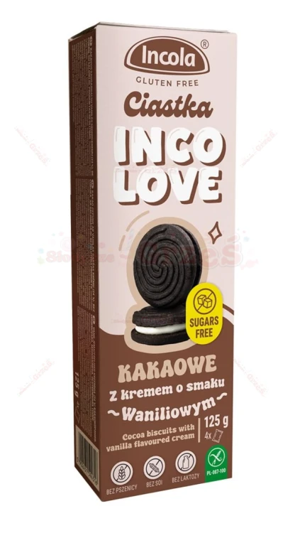 Bezglutenowe Ciastka Markizy BEZ CUKRU KAKAOWE z kremem waniliowym 125g Incola
