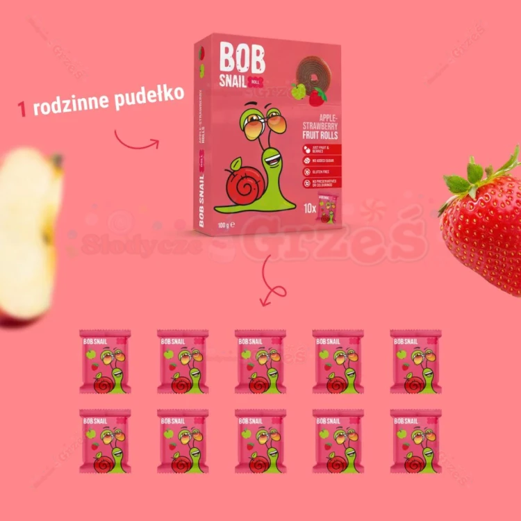Przekąska rolls JABŁKO-TRUSKAWKA bez cukru 100g (10*10g) Bob Snail