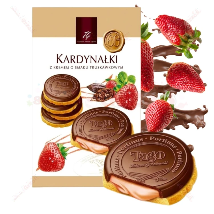 Kardynałki TRUSKAWKOWE kruche ciastka z kremem w polewie 180g Tago