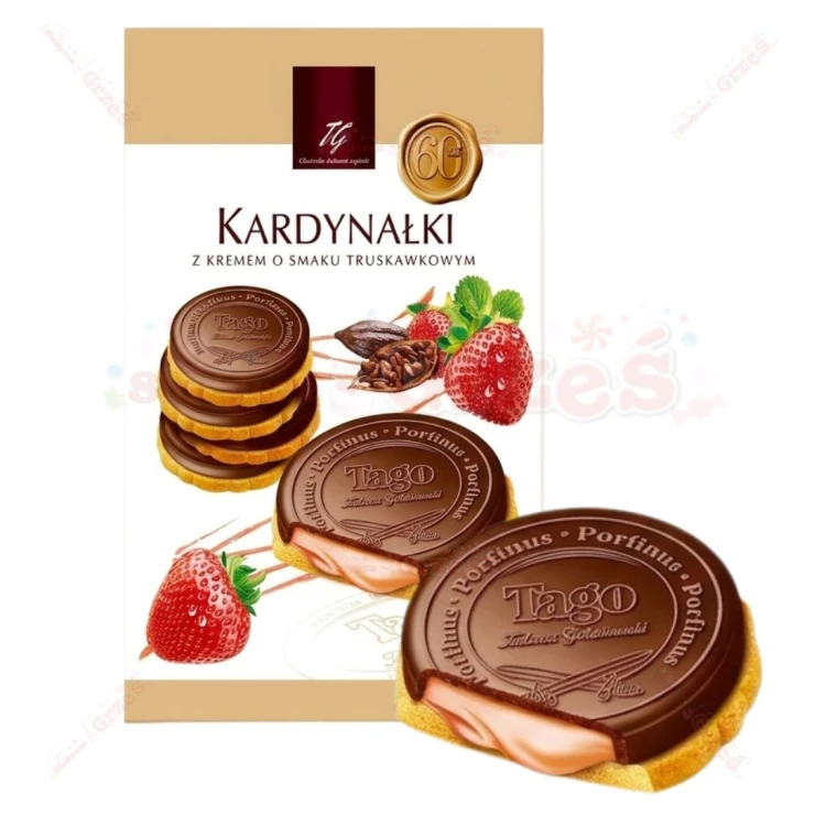 Kardynałki TRUSKAWKOWE kruche ciastka z kremem w polewie 180g Tago