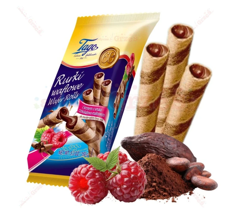 Rurki waflowe z kremem CZEKOLADOWO-MALINOWYM 150g Tago