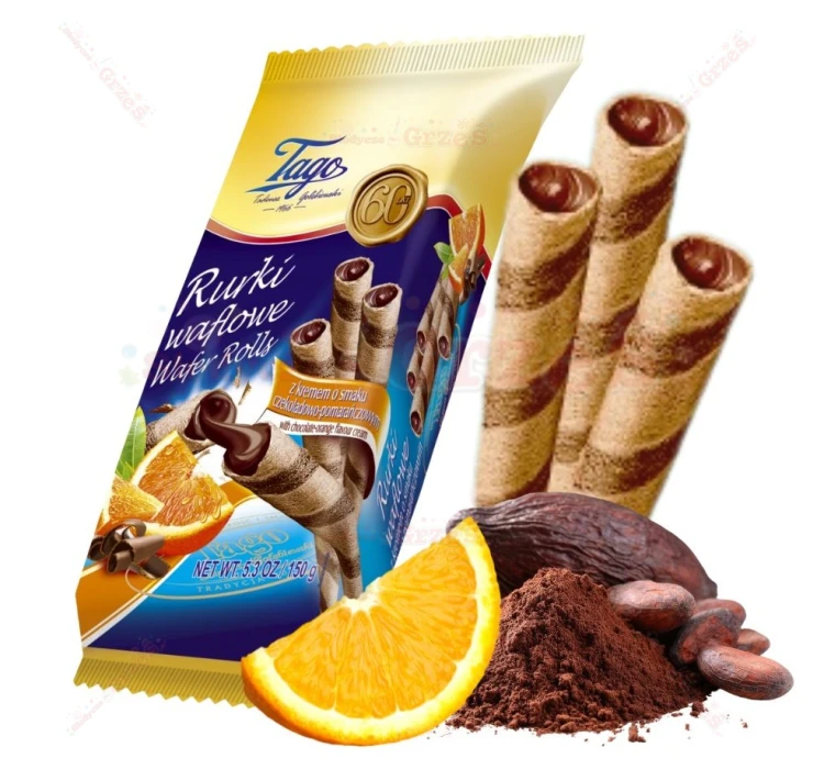 Rurki waflowe z kremem CZEKOLADOWO-POMARAŃCZOWYM 150g Tago