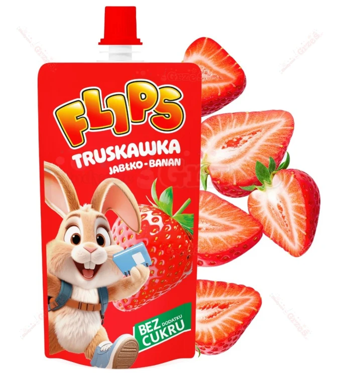 Flips Mus owocowy TRUSKAWKA jabłko-banan bez cukru dla DZIECI 100g Sante