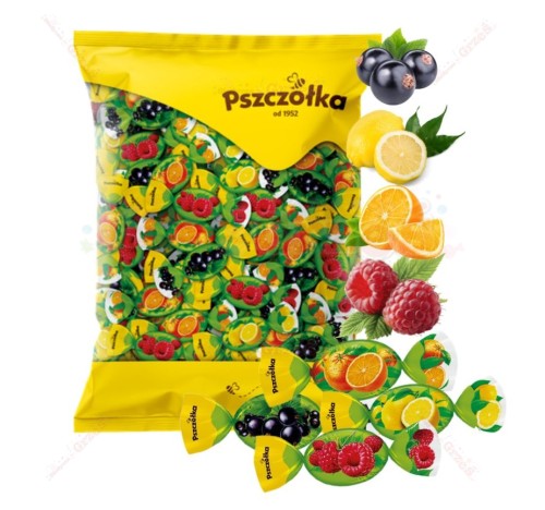 Szok owocowy - cukierki nadziewane: cytryna, malina, pomarańcza, cz.porzeczka 1kg Pszczółka