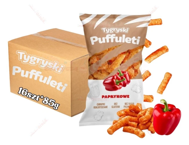 16x Tygryski Puffuleti chrupki kukurydziane PAPRYKOWE 85g TBM