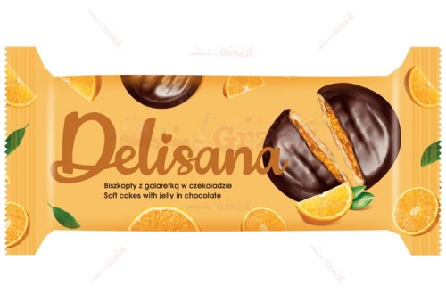 Biszkopty z galaretką pomarańczową w czekoladzie 135g Delisana