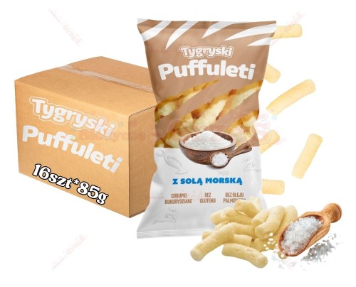 16x Tygryski Puffuleti chrupki kukurydziane Z SOLĄ MORSKĄ 85g TBM