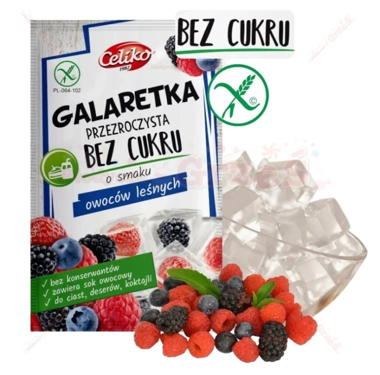 Galaretka PRZEŹROCZYSTA owoce leśne, BEZ cukru, bezlgutenowa 14g Celiko