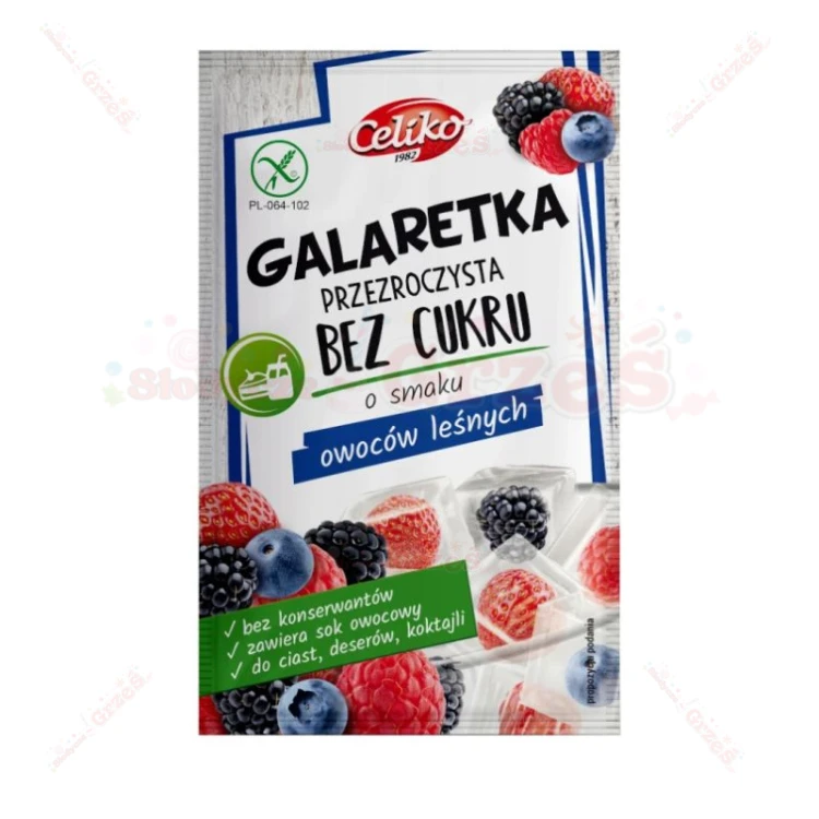 Galaretka PRZEŹROCZYSTA owoce leśne, BEZ cukru, bezlgutenowa 14g Celiko