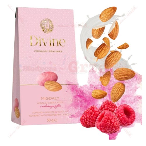 Migdały w białej czekoladzie i malinowym pyłku 50g Divine Premium