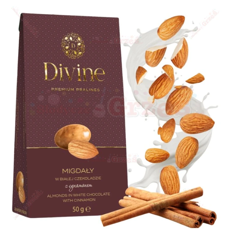 Migdały w białej czekoladzie z cynamonem 50g Divine Premium