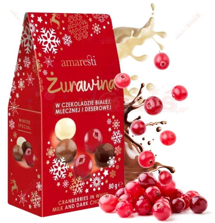 Żurawina w czekoladzie: białej, mlecznej i deserowej 80g Amaresti Winter | ŚWIĘTA
