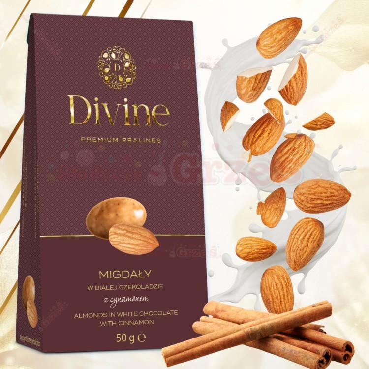 Praliny - Migdały w białej czekoladzie z cynamonem 50g Divine Premium