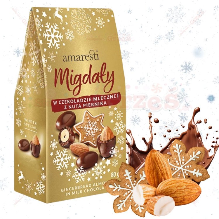 Migdały w czekoladzie mleczej z nutą piernika  80g Amaresti Winter | ŚWIĘTA